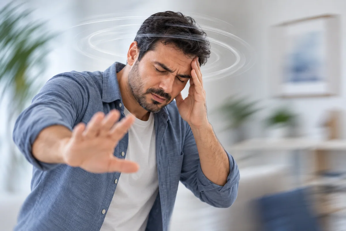 رجل يشعر بالدوار ويحاول تحقيق توازنه